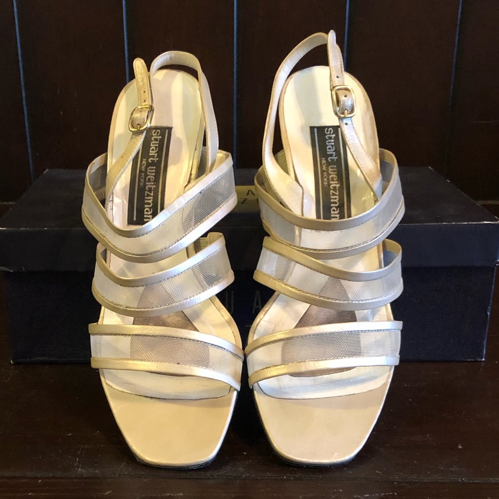 Stuart Weitzman Vintage Leather & Mesh Strappy Sandal with Clear Heel  Size 7.5